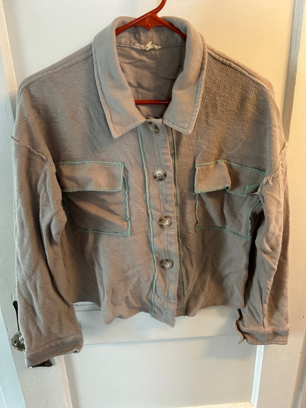 Mystree Taupe Button-Front Shacket with Green Topstitching